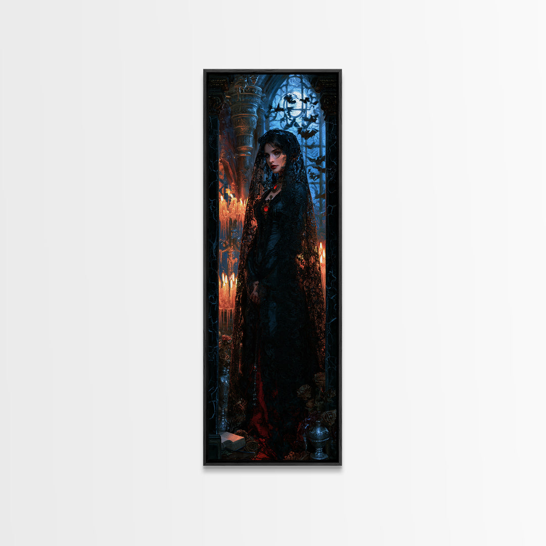 The Widow Of Black Veils, Victorian Vampire Portrait, Tall Narrow Canvas Print, Dark Academia Decor, Classic Monster Art