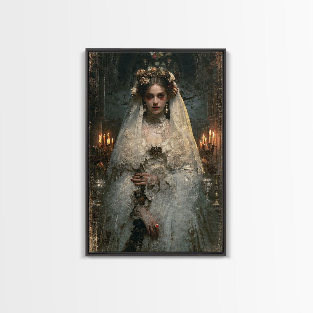 The Chapel Crypt Bride, Victorian Vampire Portrait, Vertical Canvas Print, Macabre Home Decor, Spooky Season Decor, Classic Monster Art