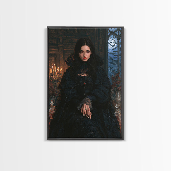 The Velvet-Fanged Heiress, Victorian Vampire Portrait, Vertical Canvas Print, Gothic Home Decor, Gothic Wall Decor, Classic Monster Art