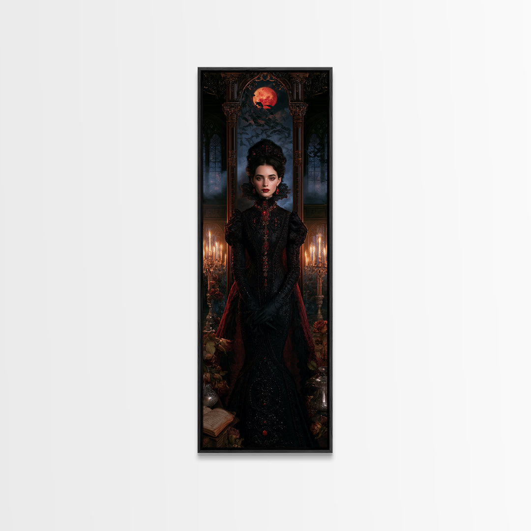 The Velvet-Fanged Heiress, Victorian Vampire Portrait, Tall Narrow Canvas Print, Antique Style Decor, Classic Monster Art