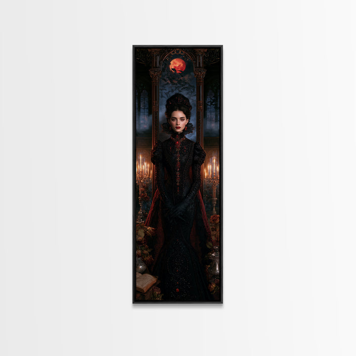 The Velvet-Fanged Heiress, Victorian Vampire Portrait, Tall Narrow Canvas Print, Antique Style Decor, Classic Monster Art