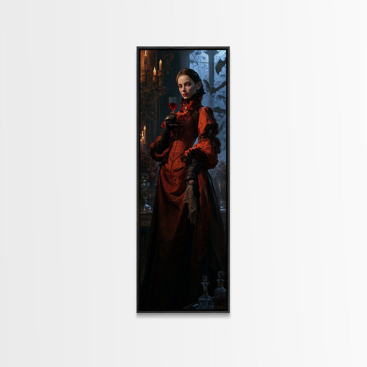 The Scarlet Thirst Duchess, Victorian Vampire Portrait, Tall Narrow Canvas Print, Antique Style Decor, Classic Monster Art