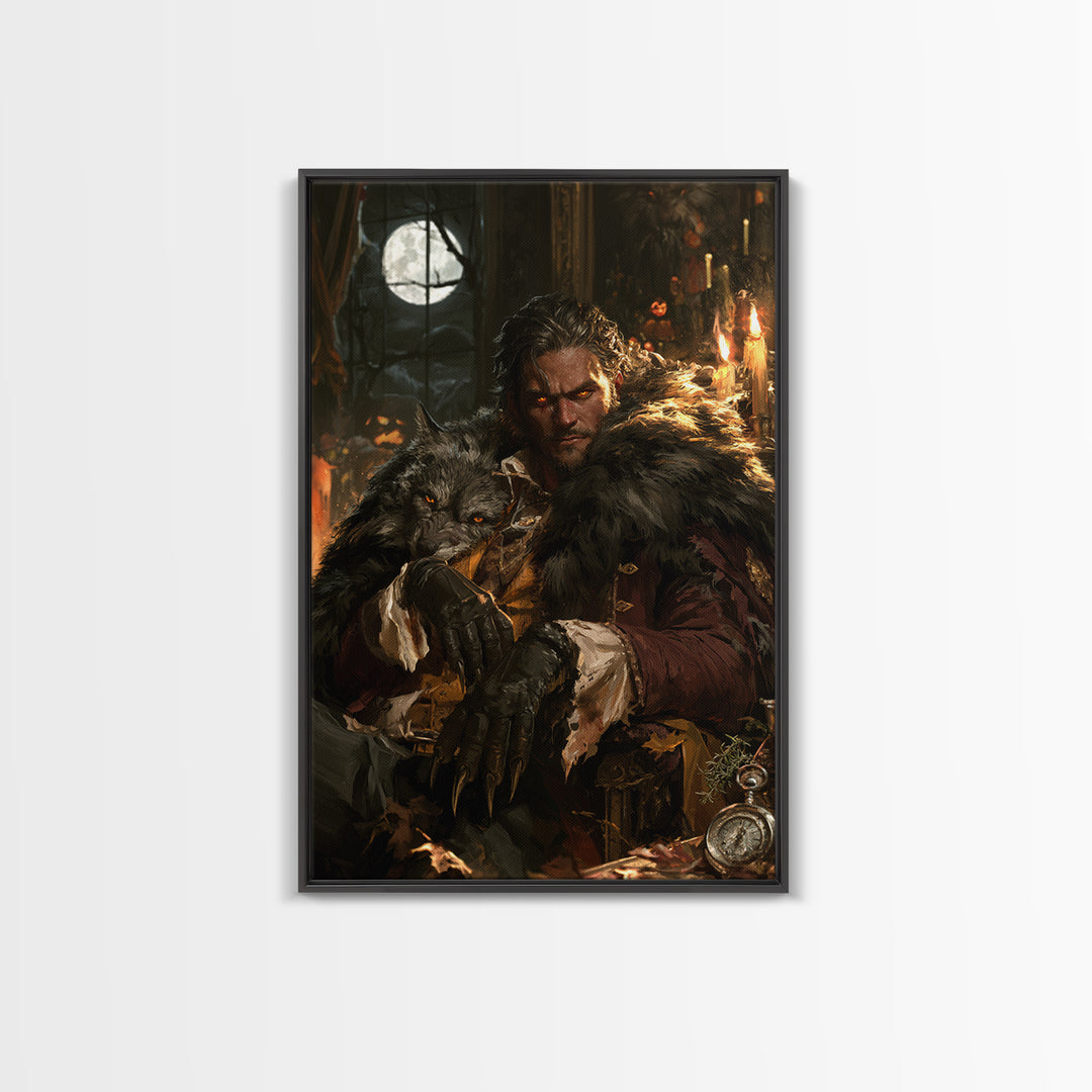 The Silver-Wolf Heir, Victorian Werewolf Portrait, Vertical Canvas Print, Dark Academia Decor, Antique Horror Decor, Classic Monster Art