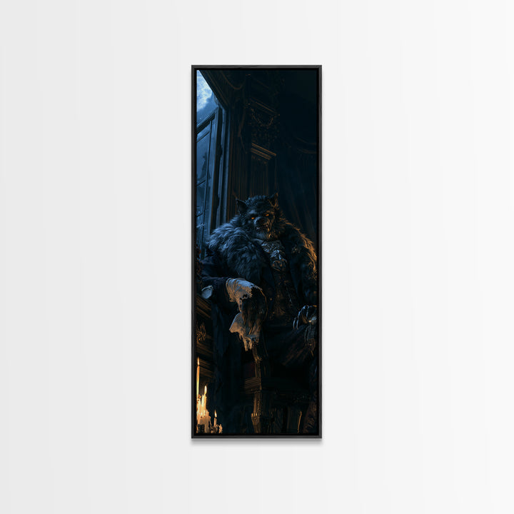 The Silver-Wolf Heir, Victorian Werewolf Portrait, Tall Narrow Canvas Print, Antique Style Decor, Classic Monster Art