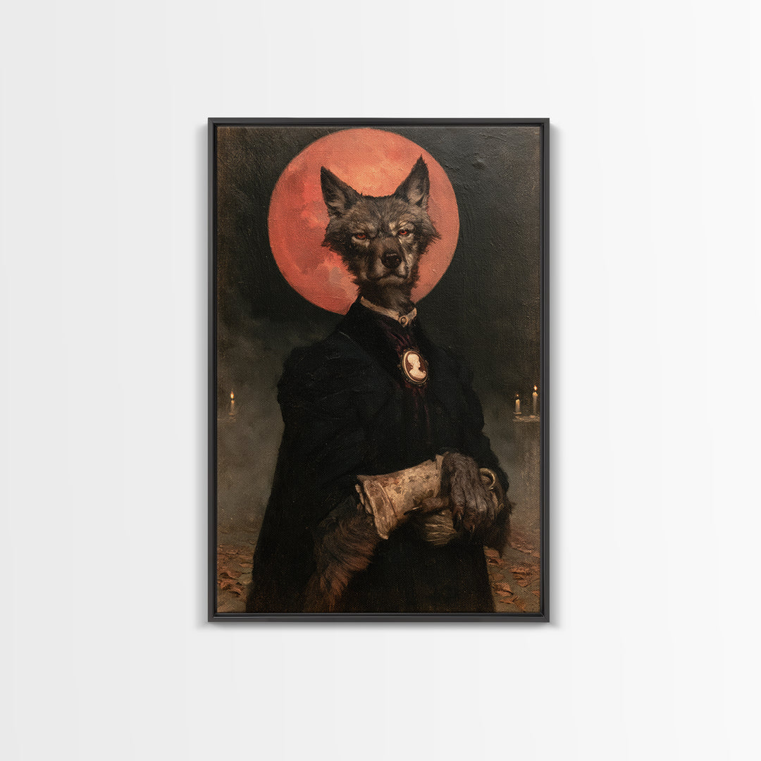 The Wolf Moon Governess, Victorian Werewolf Portrait, Vertical Canvas Print, Antique Style Decor, Spooky Season Decor, Classic Monster Art