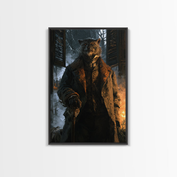 The Moorland Huntsman, Victorian Werewolf Portrait, Vertical Canvas Print, Classic Halloween Decor, Classic Monster Art