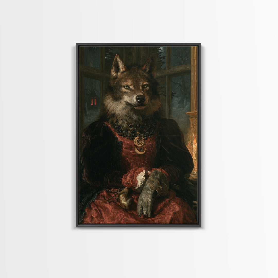 The Velvet Lycan Duchess, Victorian Werewolf Portrait, Vertical Canvas Print, Gothic Home Decor, Gothic Wall Decor, Classic Monster Art