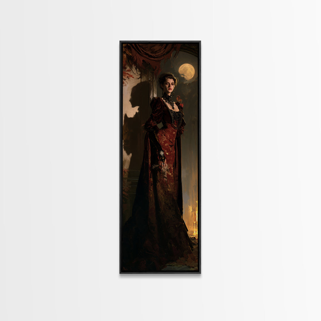 The Velvet Lycan Duchess, Victorian Werewolf Portrait, Tall Narrow Canvas Print, Gothic Home Decor, Spooky Season Decor, Classic Monster Art