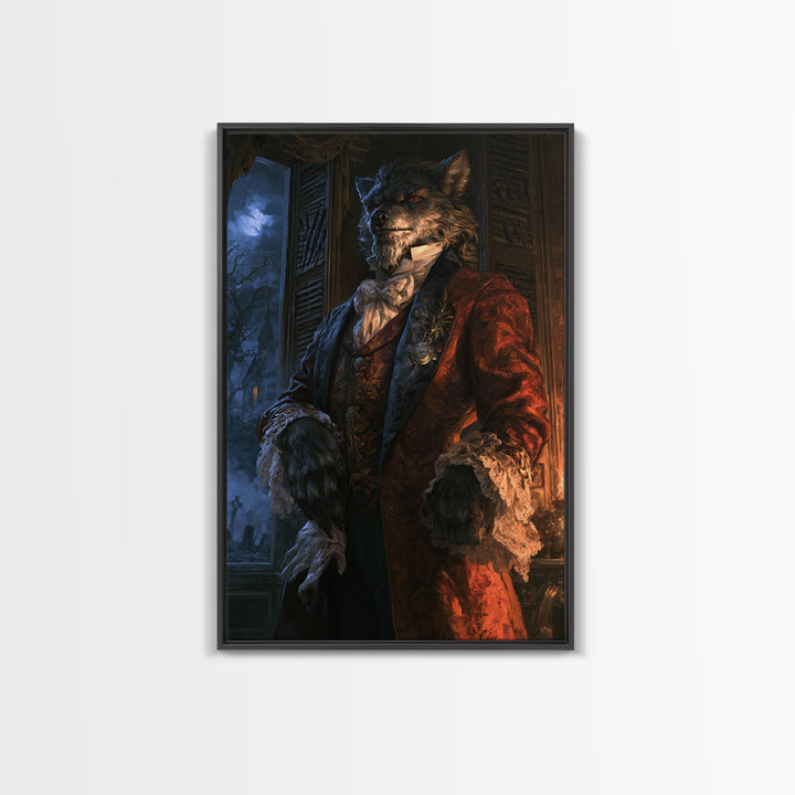 The Ballroom Lycan, Victorian Werewolf Portrait, Vertical Canvas Print, Antique Style Decor, Antique Horror Decor, Classic Monster Art