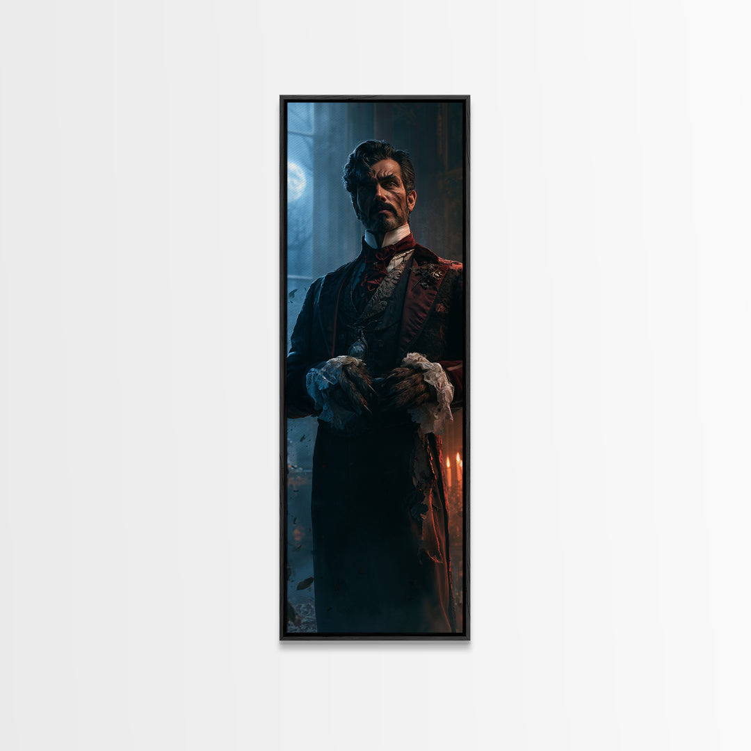 The Ballroom Lycan, Victorian Werewolf Portrait, Tall Narrow Canvas Print, Classic Halloween Decor, Spooky Season Decor, Classic Monster Art