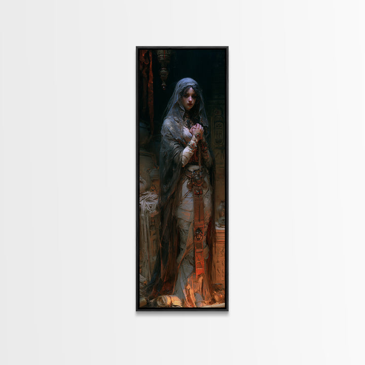 The Pyramid Heiress, Victorian Mummy Portrait, Tall Narrow Canvas Print, Antique Style Decor, Halloween Portrait Art, Classic Monster Art