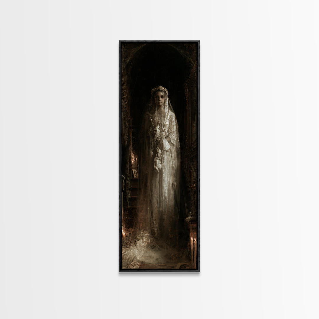 The Hollow-Eyed Bride, Victorian Ghost Portrait, Tall Narrow Canvas Print, Classic Halloween Decor, Canvas Print, Classic Monster Art