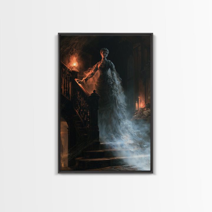 The Staircase Apparition, Victorian Ghost Portrait, Vertical Canvas Print, Antique Style Decor, Halloween Portrait Art, Classic Monster Art