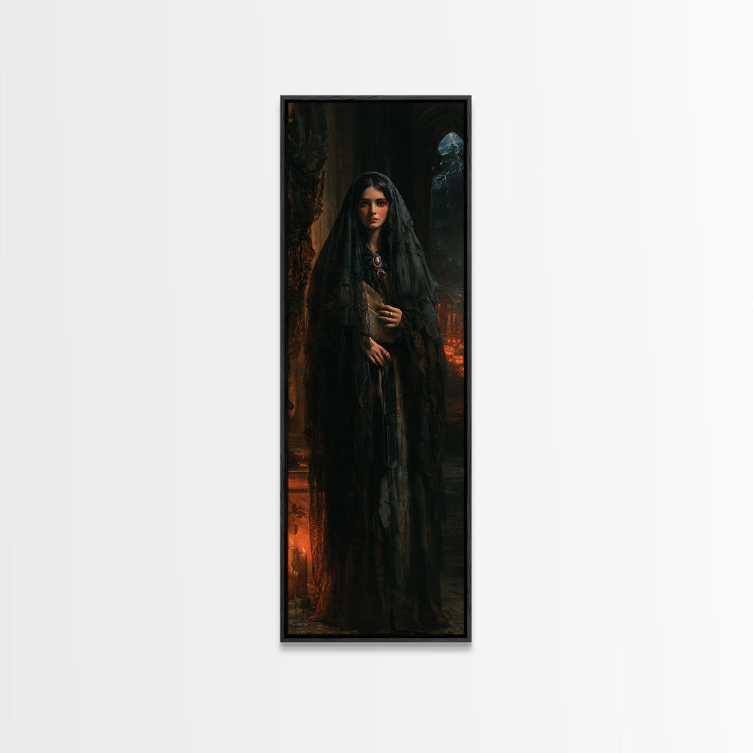 The Veiled Mourner, Victorian Ghost Portrait, Tall Narrow Canvas Print, Classic Halloween Decor, Gothic Wall Decor, Classic Monster Art