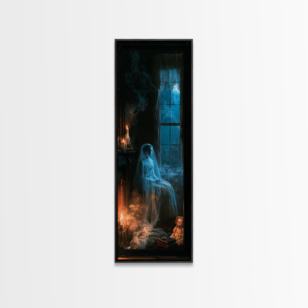 The Hearthside Shade, Victorian Ghost Portrait, Tall Narrow Canvas Print, Macabre Home Decor, Gothic Wall Decor, Classic Monster Art