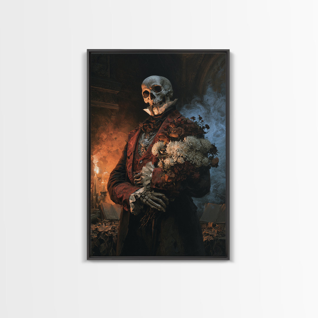 The Graveyard Dandy, Victorian Skeleton Portrait, Vertical Canvas Print, Classic Halloween Decor, Gothic Wall Decor, Classic Monster Art