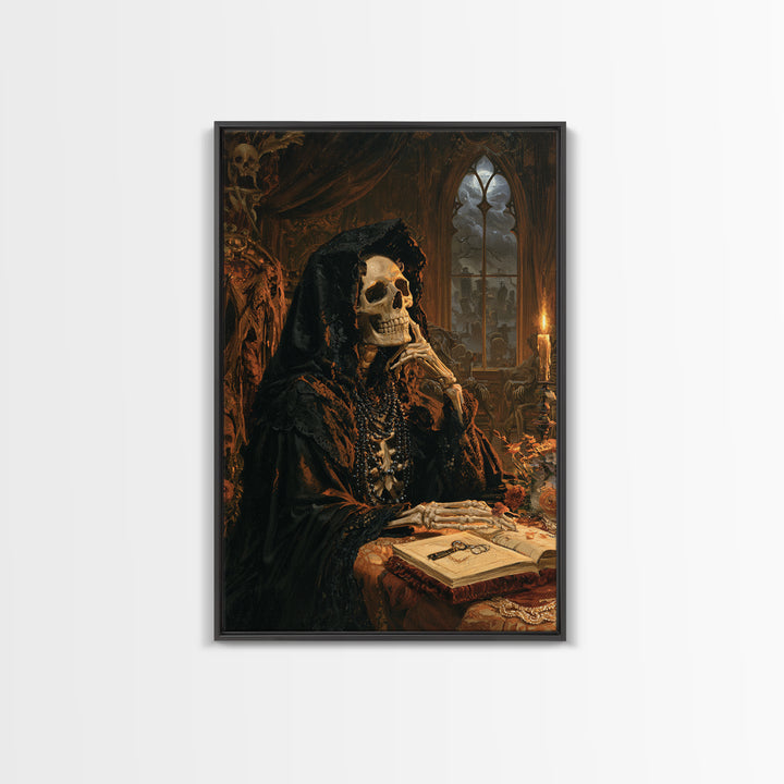 The Widow In Ivory Bone, Victorian Skeleton Portrait, Vertical Canvas Print, Macabre Home Decor, Halloween Portrait Art, Classic Monster Art