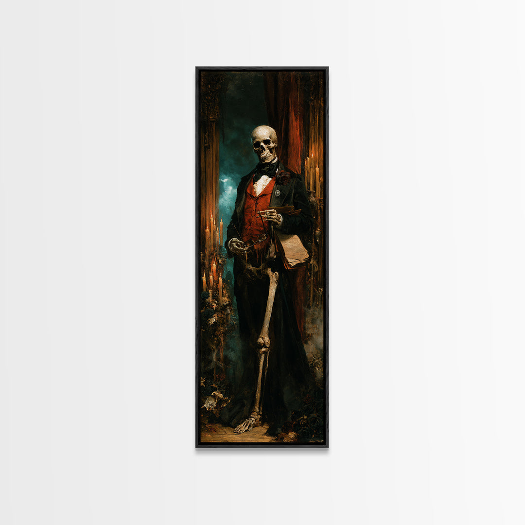 The Gentleman Anatomist, Victorian Skeleton Portrait, Tall Narrow Canvas Print, Antique Style Decor, Classic Monster Art