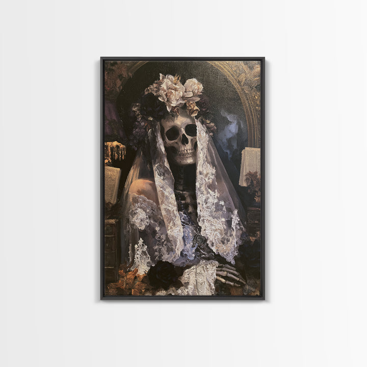 The Mourning Skeleton Bride, Victorian Skeleton Portrait, Vertical Canvas Print, Macabre Home Decor, Classic Monster Art