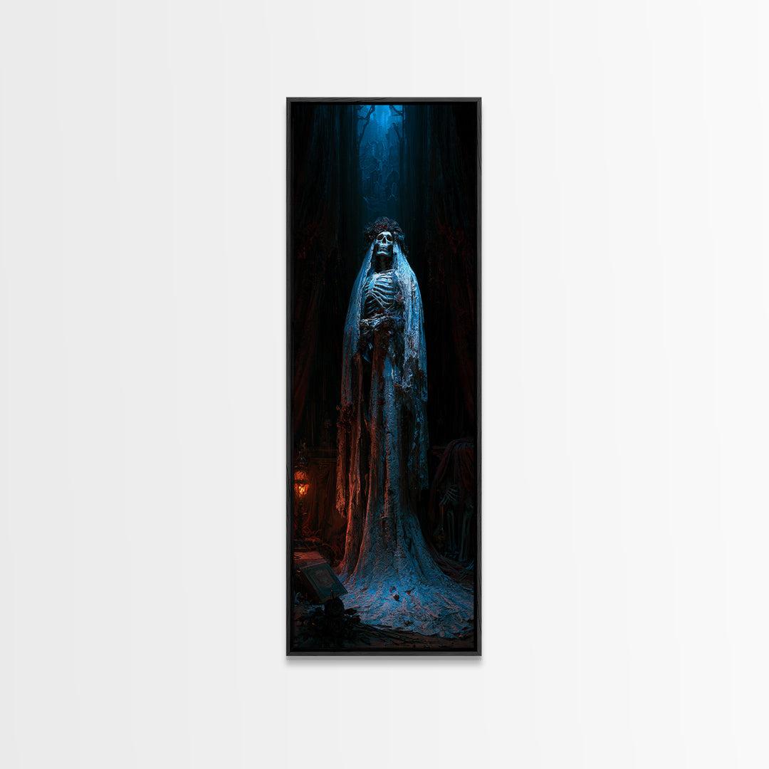 The Mourning Skeleton Bride, Victorian Skeleton Portrait, Tall Narrow Canvas Print, Classic Halloween Decor, Canvas Print