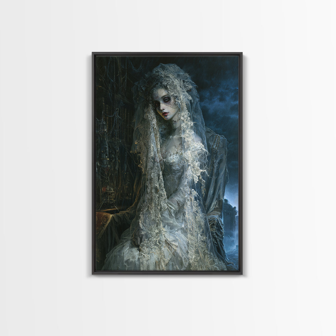 The Storm-Stitched Bride, Victorian Monster Portrait, Vertical Canvas Print, Classic Halloween Decor, Classic Monster Art