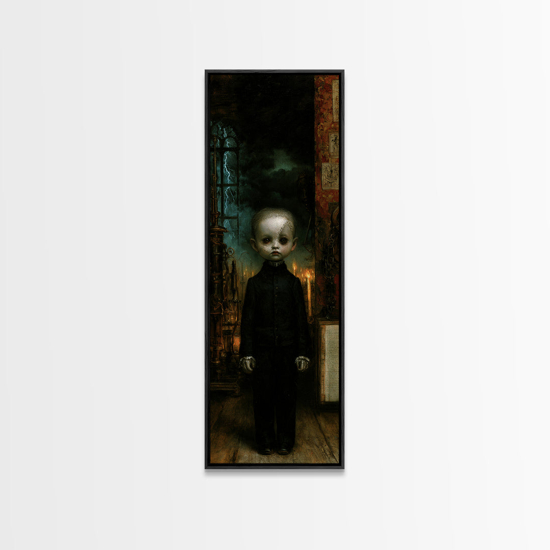 The Orphaned Creation, Victorian Monster Portrait, Tall Narrow Canvas Print, Macabre Home Decor, Halloween Portrait Art, Classic Monster Art