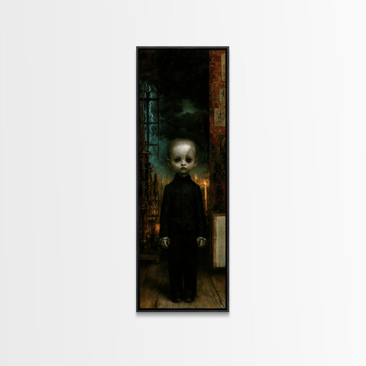 The Orphaned Creation, Victorian Monster Portrait, Tall Narrow Canvas Print, Macabre Home Decor, Halloween Portrait Art, Classic Monster Art
