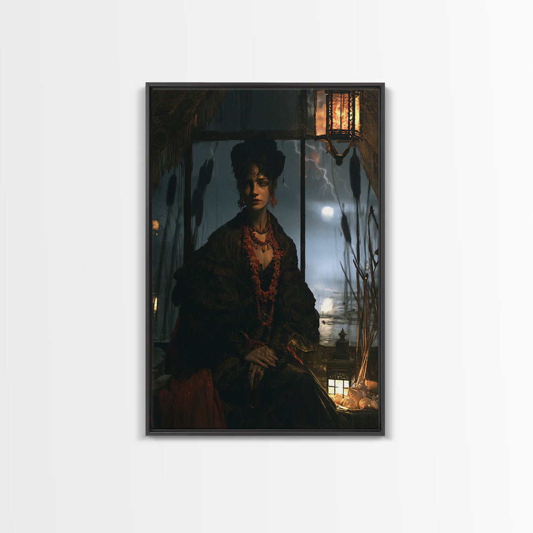 The Tidal Heiress, Victorian Creature Portrait, Vertical Canvas Print, Dark Academia Decor, Antique Horror Decor, Classic Monster Art
