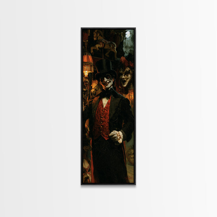 The Cursed Ringmaster, Victorian Circus Horror Portrait, Tall Narrow Canvas Print, Classic Halloween Decor, Classic Monster Art
