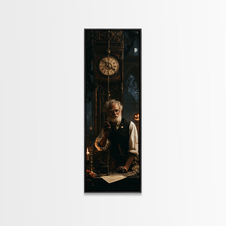The Clockmaker Of Midnight, Midnight Clockmaker Portrait, Tall Narrow Canvas Print, Antique Style Decor, Gothic Wall Decor