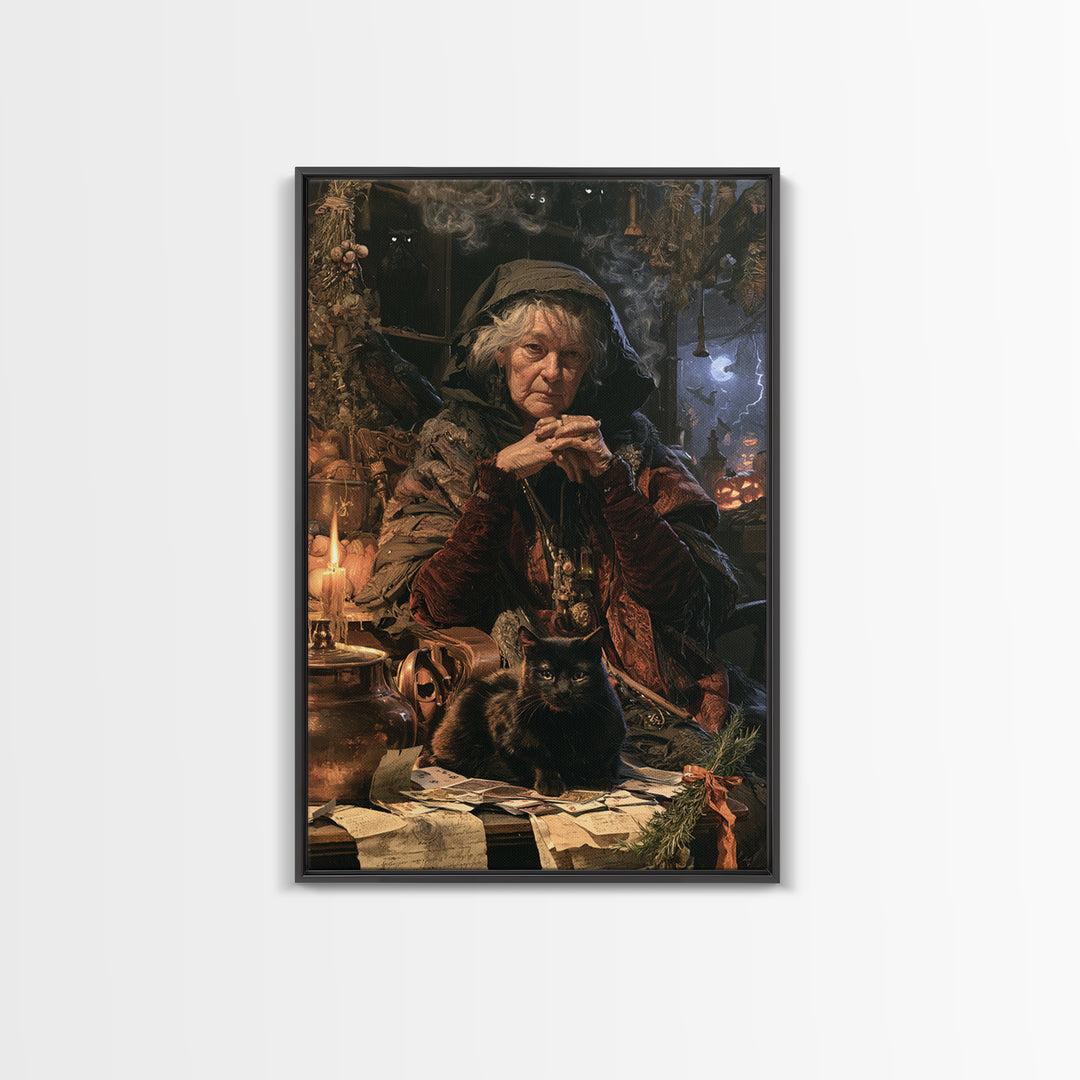The Black-Cat Fortune Teller, Victorian Fortune Teller Portrait, Vertical Canvas Print, Gothic Home Decor, Classic Monster Art