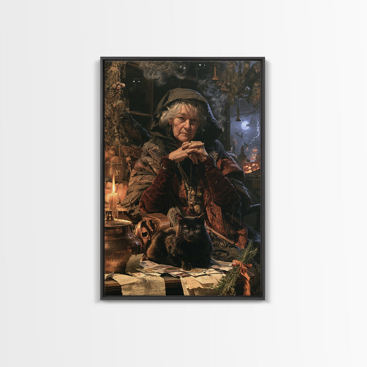 The Black-Cat Fortune Teller, Victorian Fortune Teller Portrait, Vertical Canvas Print, Gothic Home Decor, Classic Monster Art