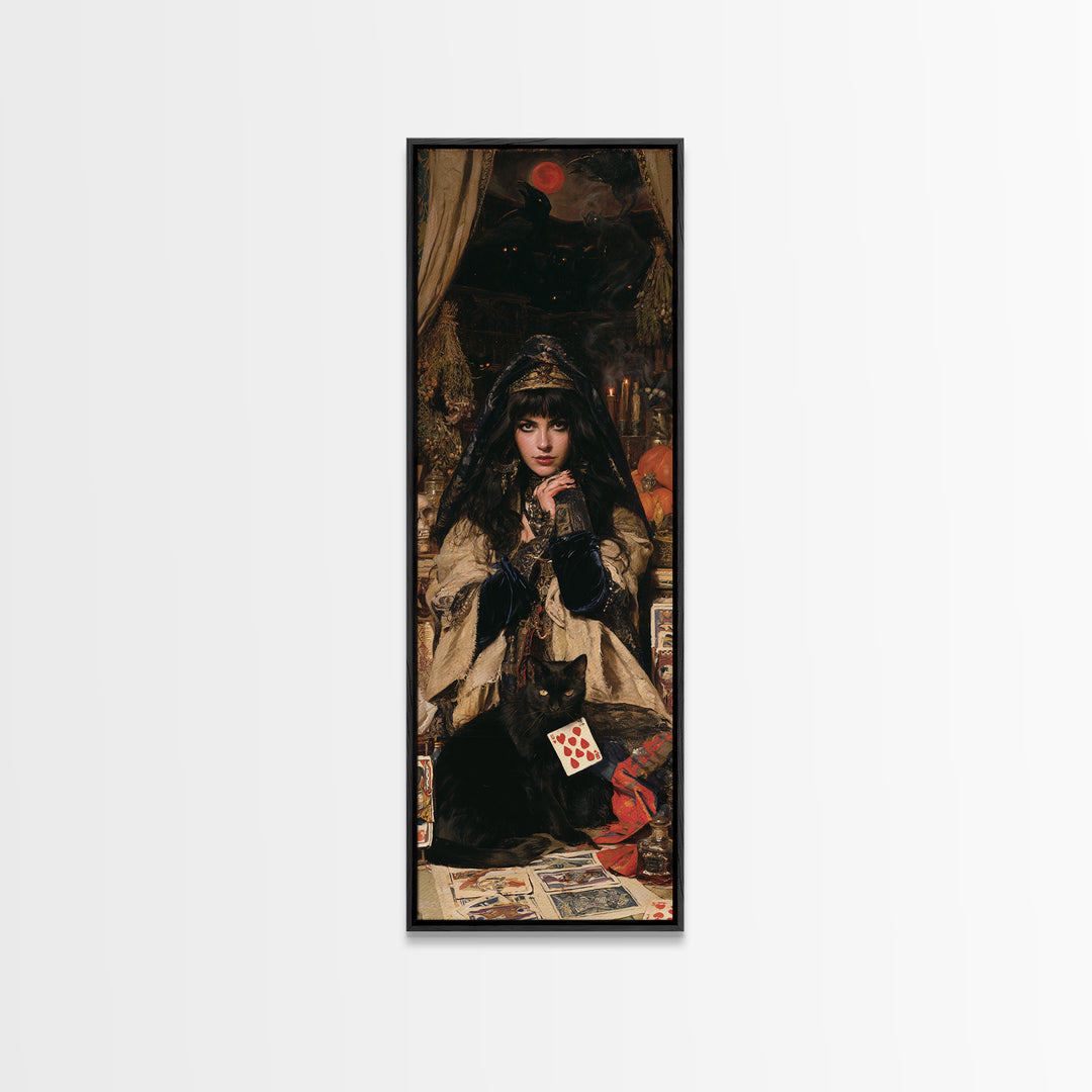 The Black-Cat Fortune Teller, Victorian Fortune Teller Portrait, Tall Narrow Canvas Print, Gothic Home Decor, Canvas Print