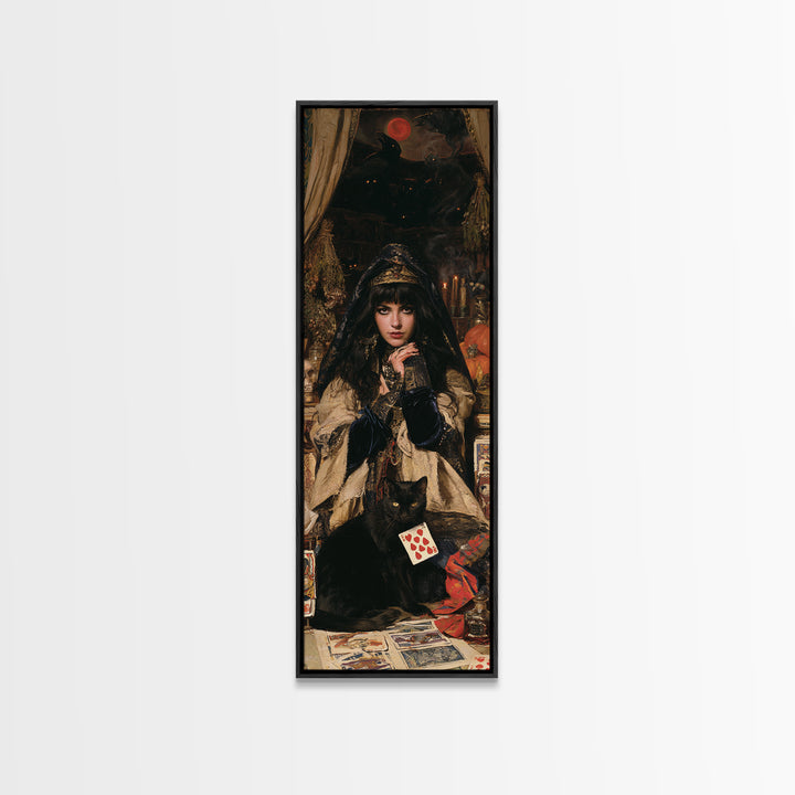 The Black-Cat Fortune Teller, Victorian Fortune Teller Portrait, Tall Narrow Canvas Print, Gothic Home Decor, Canvas Print