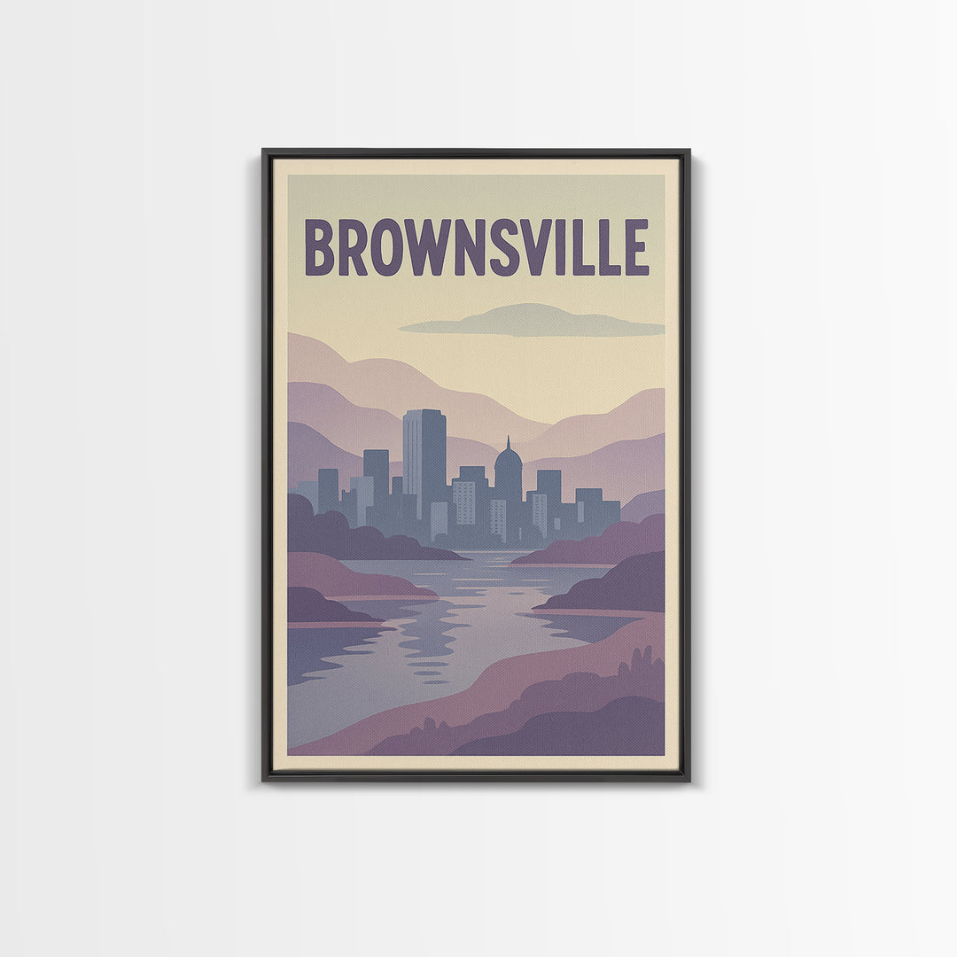 Brownsville Travel Poster, Framed Canvas Print, Pastel Retro Travel Art, Brownsville Poster Print, Eclectic Wall Decor, Travel Art Print