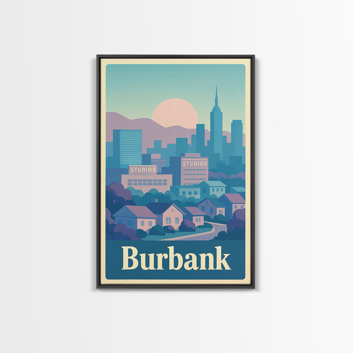 Burbank Travel Poster, Canvas Print, Vaporwave City Skyline Wall Art, Burbank Wall Art, City Illustration, Vintage Travel Art, City Poster