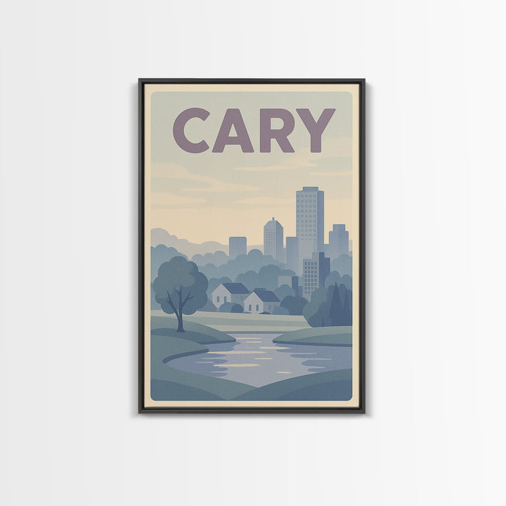 Cary North Carolina Travel Poster, Canvas Print, Vaporwave Skyline Wall Art, Cary City Art, Art Print, Retro Travel Print, Wanderlust Decor