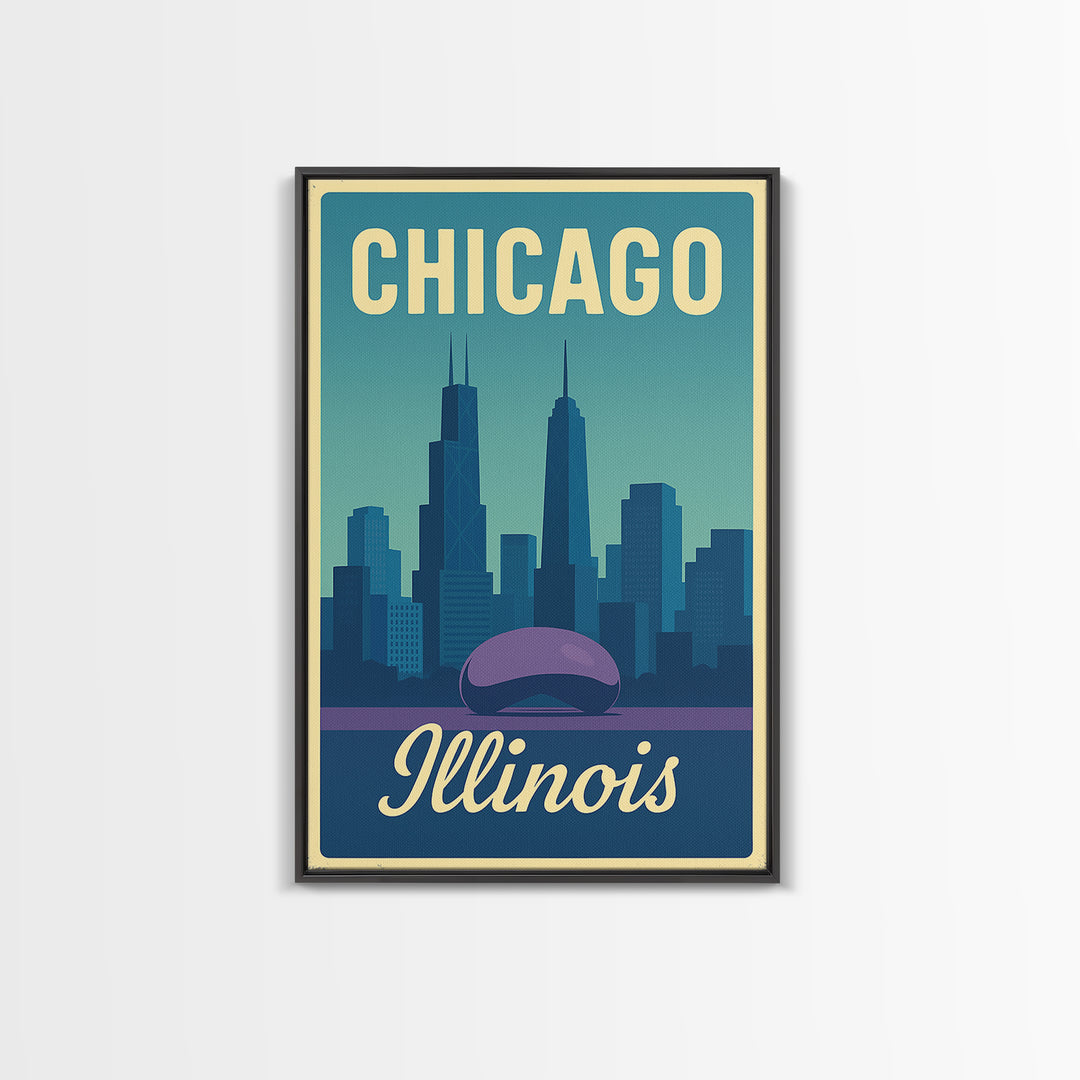 Chicago Travel Poster, Canvas Print, Pastel Retro Travel Art, Chicago Travel Art, Watercolor Urban Skyline, Office Decor, City Art Print