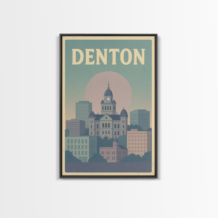 Denton Travel Poster, Framed Canvas Print, Vaporwave Skyline Wall Art, Denton Poster Print, Living Room Wall Art, Modern Wall Decor
