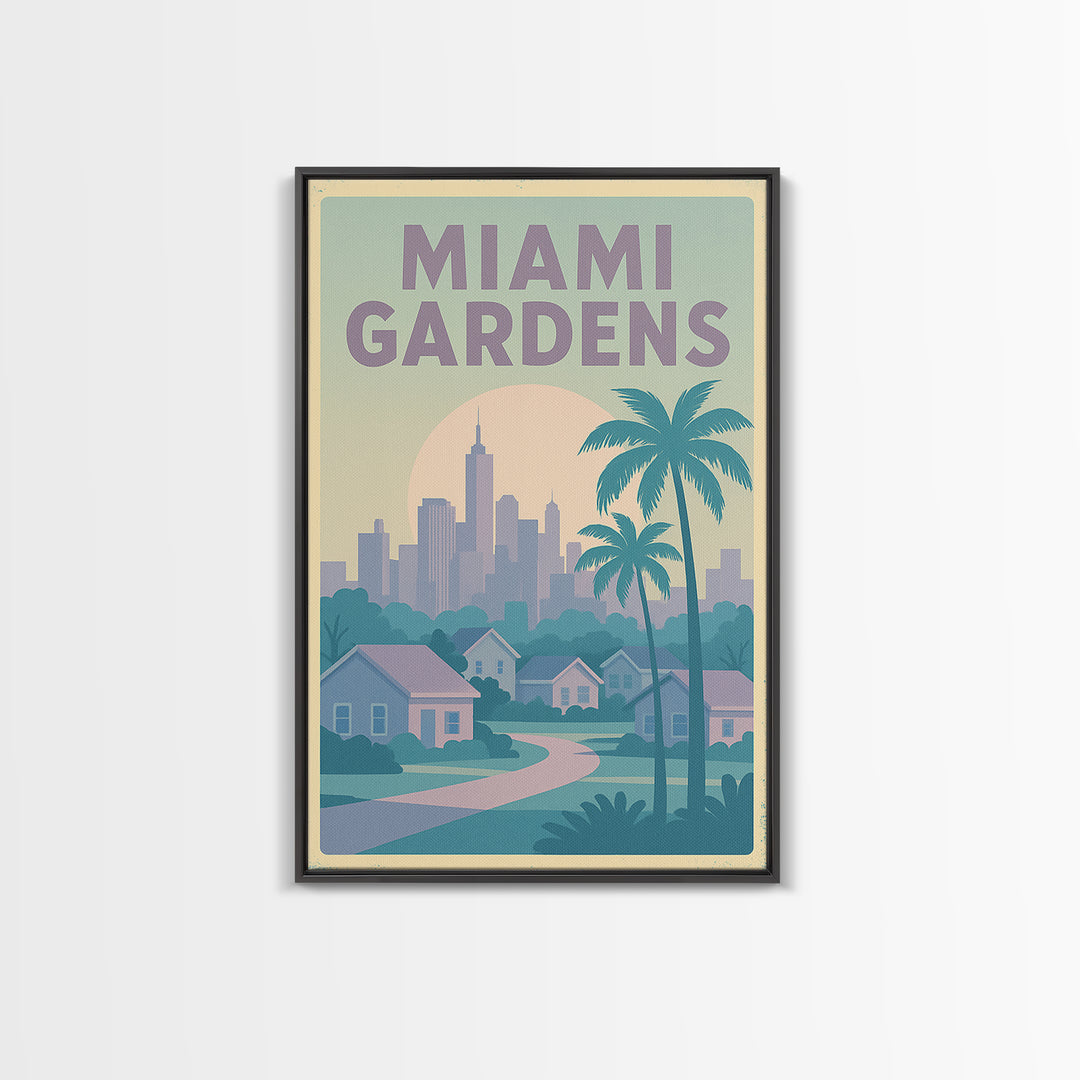 Miami Gardens Florida Travel Poster, Canvas Print, Soft Vintage City Poster, Miami Gardens City Art, Mid Century Wall Art, Travel Art