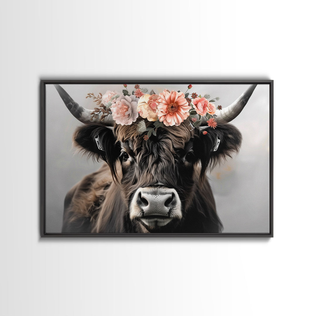 Framed Canvas Wall Art, Cute Cow Wearing Flowers, Farmhouse Decor, Farmhouse Wall At, Extra Large Boho Decor, Modern Art, Minimalist Rustic