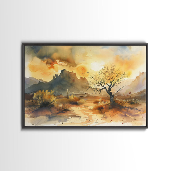 Large Wall Art Desert Print, Wood Framed Canvas Print, Original Artwork, Watercolor Landscape Painting, Minimalist Wall Art