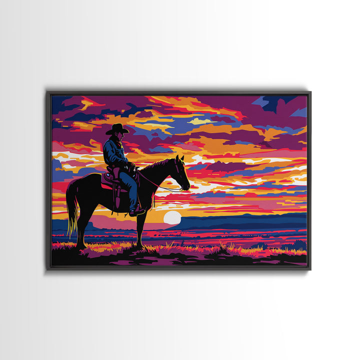 Cowboy At Sunset Watercolor Painting Framed Canvas Print, Western Decor, Gift For Him, Guy Gift, Rodeo Art, Southwestern Wall Decor