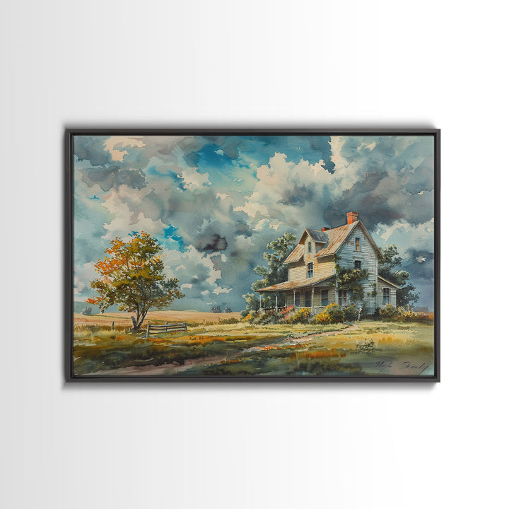 Beautiful Cottagecore Kitsch Framed Canvas Print Of An Old Farmhouse, Watercolor Painting, Custom Original Art, Living Room Decor