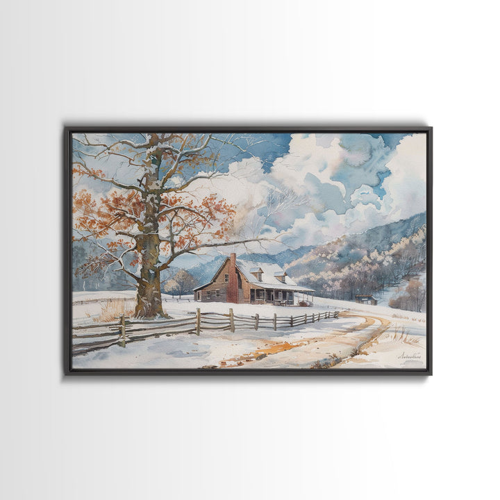 Painting Of A Farmhouse In The Winter, Cottagecore, Framed Canvas Print, Kitsch Home Decor, Western Country Art, Living Room Decor