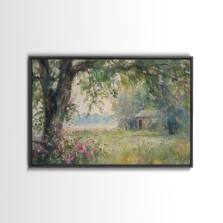 Painting Of An Old Farmhouse In The Spring, Framed Canvas Print, Watercolor Painting, Original Art, Living Room Art, Wall Art