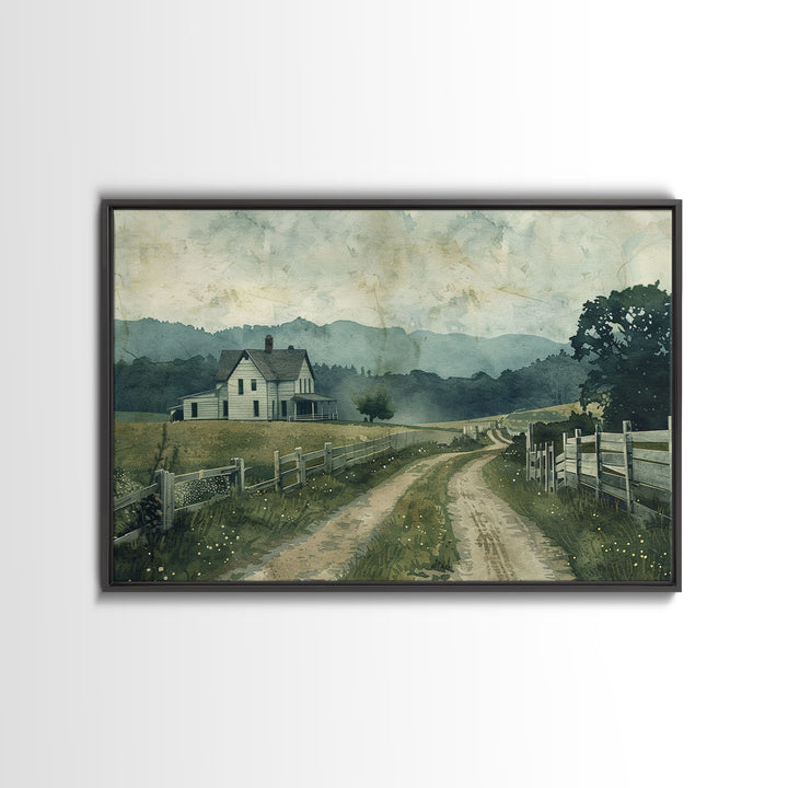 Old Country Road Wall Art Framed Canvas Print, Cottagecore Oil Painting, Kitsch Minimalist Wall Art, Farmhouse Wall Decor, Rustic Decor