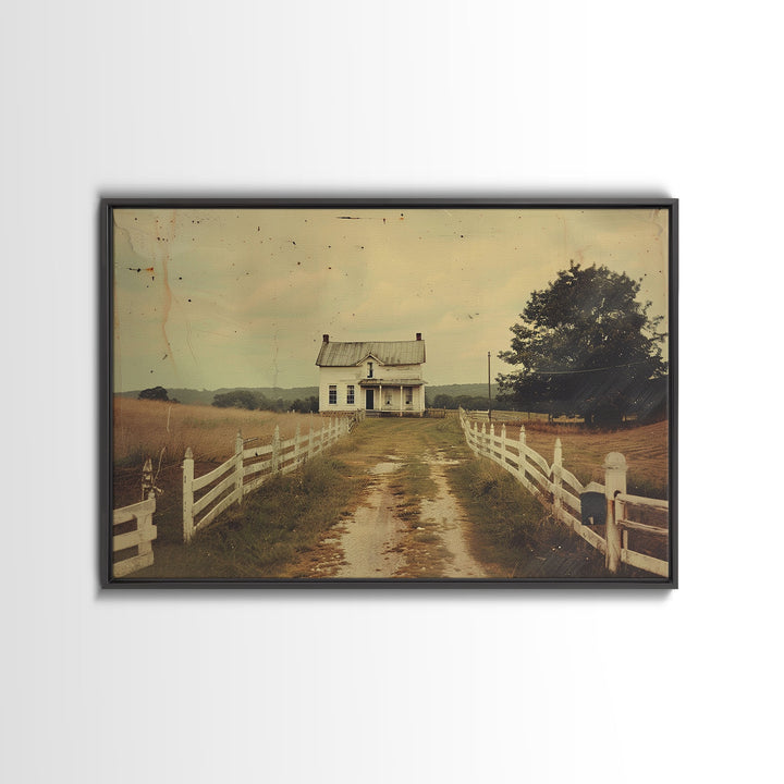 Old Photo Print Of An 1800s Farmhouse, White Picket Fences, Vintage Style Wall Art, Framed Canvas Print, Rustic Primitive Wall Art
