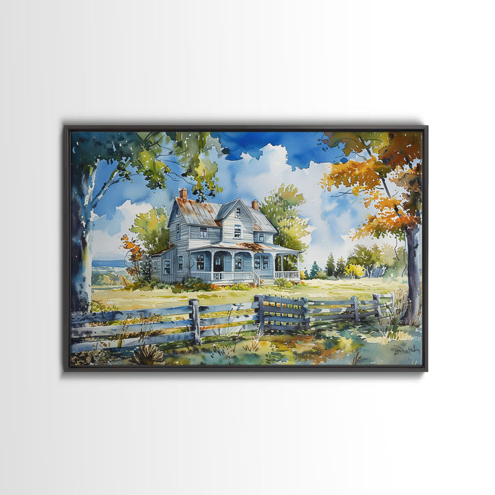 Retro Watercolor Painting Print Of A Vintage Farmhouse, Kitsch Art, Wall Art, Farmhouse Decor, Western Art For Living Room