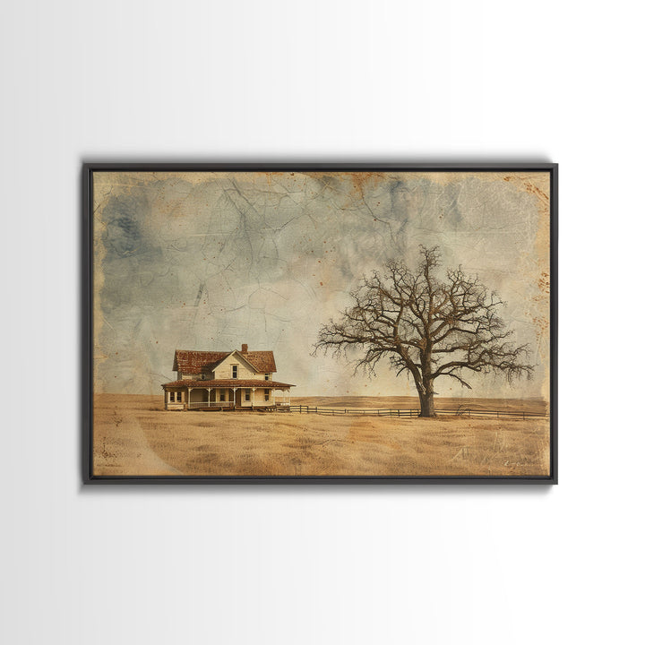 Little Farmhouse On A Texas Prairie Framed Canvas Print, Original Rustic minimalist Art, Wood Frame Rustic Home Decor